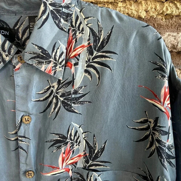 Silk Icon Men's Slate Blue Hawaiian Bird of Paradise  Short Sleeve Shirt Size XL - Picture 1 of 6